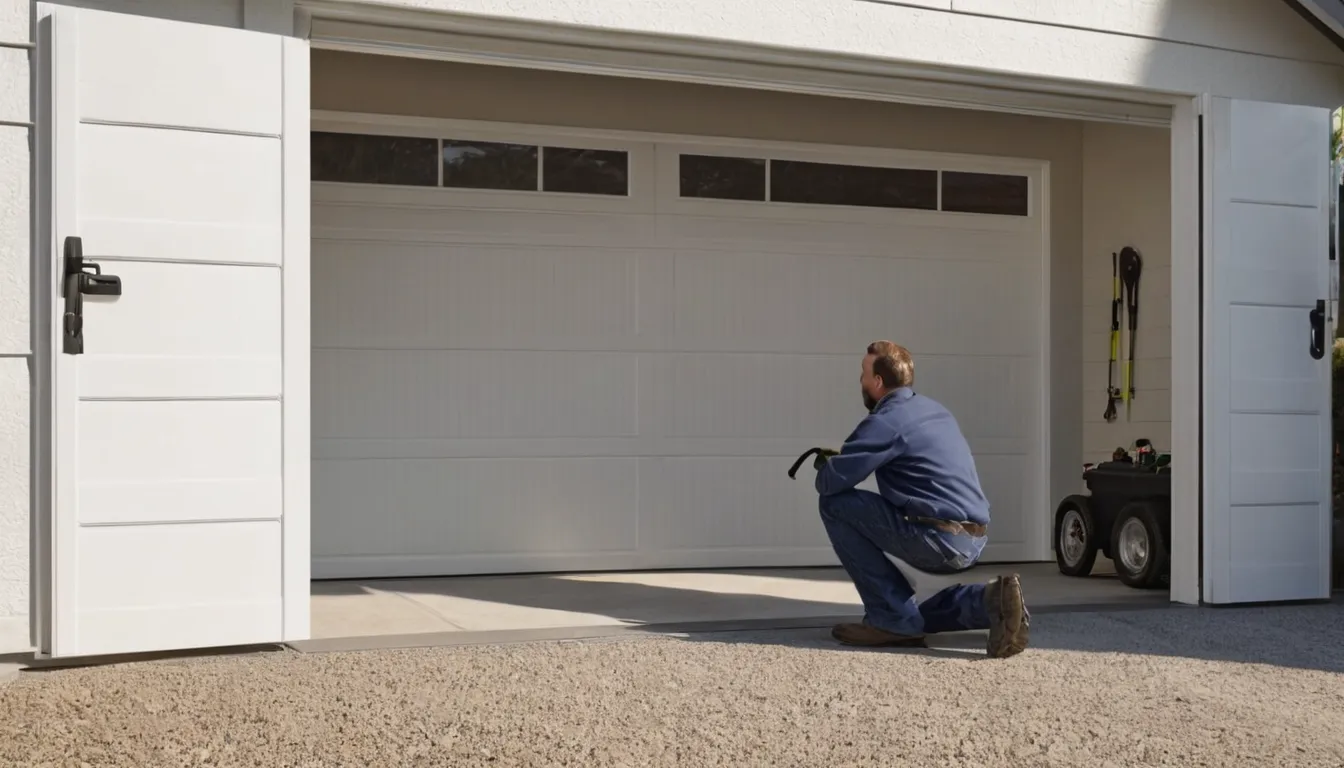 A local garage door provider checking a torsion spring above a residential garage door near Hamilton
